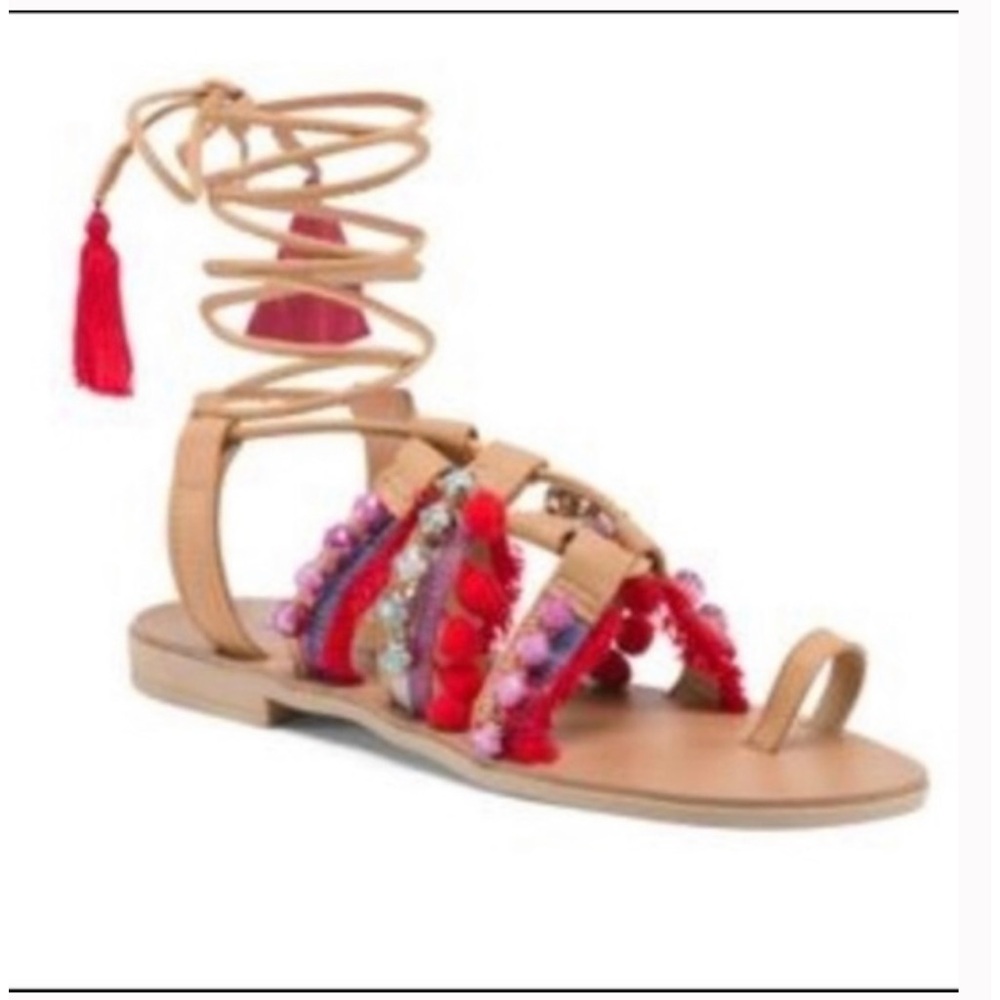 Barbara Barbieri Lace Up Tassel Pom Pom Studded Sandals, Size 9